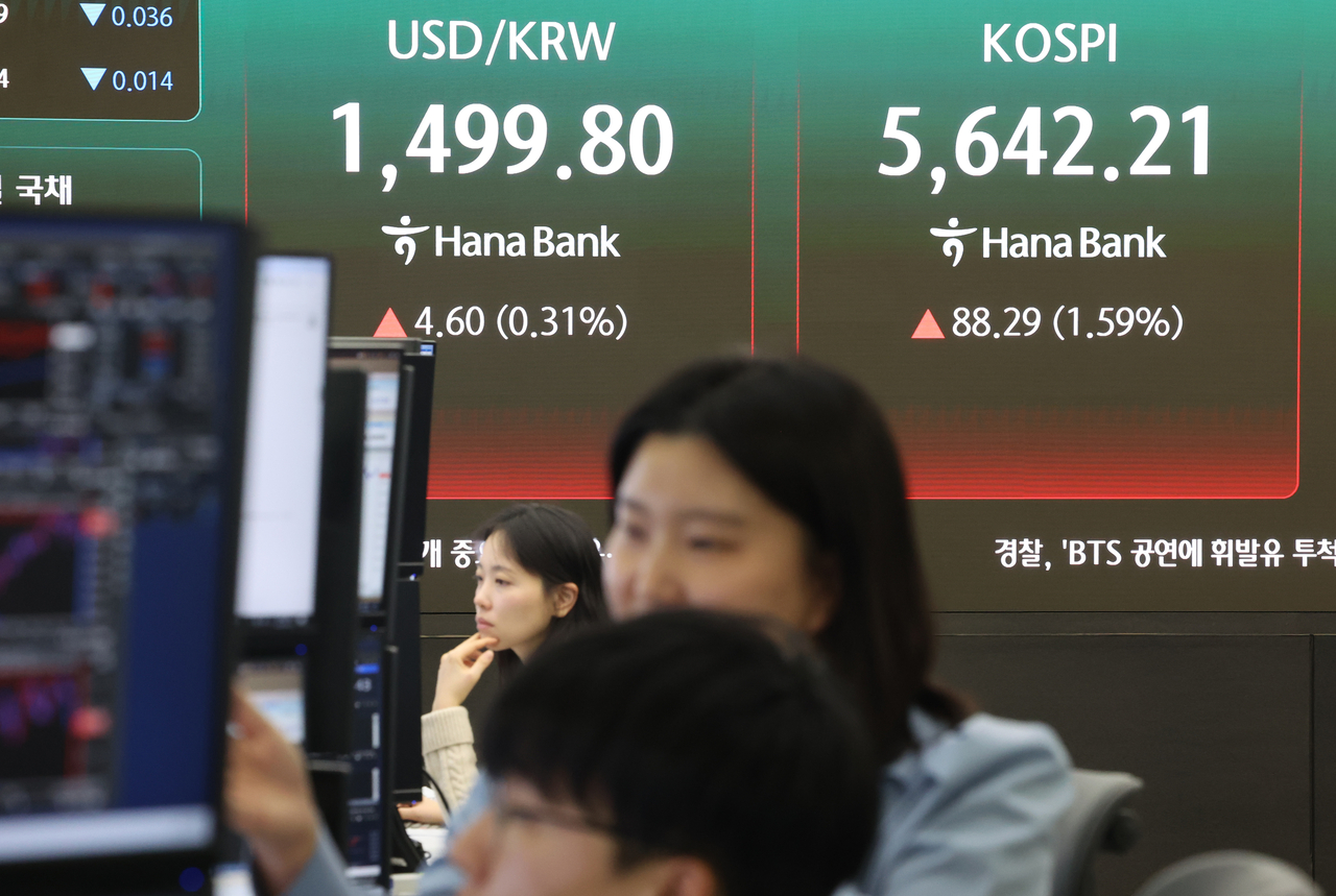 An electronic board in Hana Bank’s dealing room in central Seoul displays the KOSPI on the afternoon of March 25, 2026. (Yonhap)