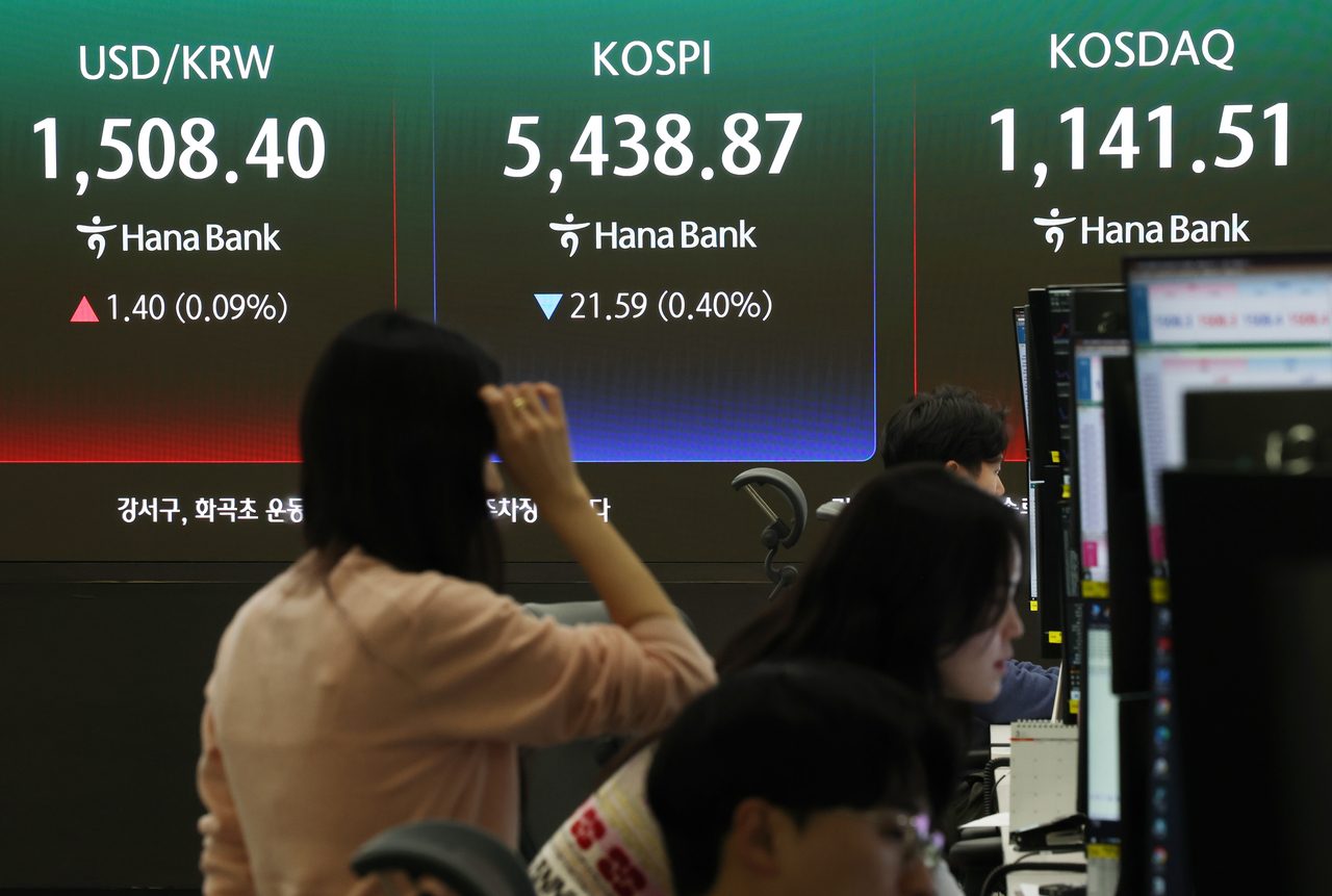 An electronic board showing the Korea Composite Stock Price Index at a dealing room of the Hana Bank headquarters in Seoul. (Yonhap)