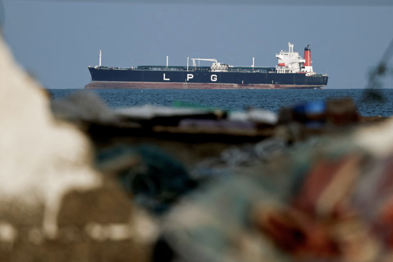 An LPG gas tanker is anchored, as traffic is down in the Strait of Hormuz, amid the US-Israeli conflict with Iran, in Shinas, Oman, March 11. (Reuters via Yonhap)
