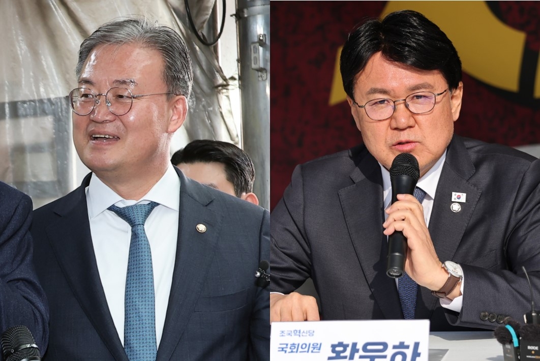 Democratic Party lawmaker Rep. Lee Yeon-hee and Rebuilding Korea Party lawmaker Rep, Hwang Un-ha (Yonhap)