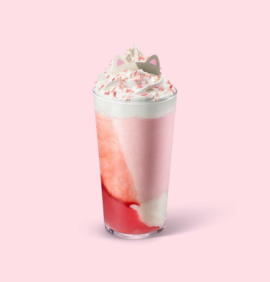 Starbucks Korea Cherry Blossom White Peach Cream Frappuccino served in a clear cup with pink and white layers and cherry blossom motif