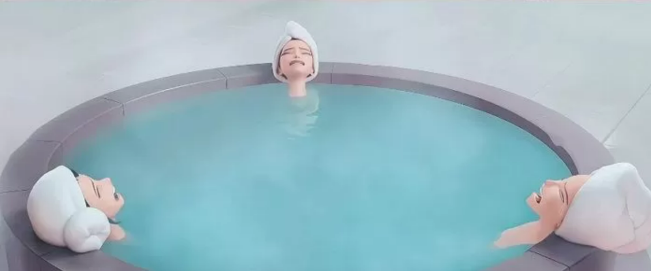A scene from "K-pop Demon Hunters" shows main characters Rumi, Mira and Zoey, members of the fictional K-pop group Huntrix, soaking in a hot bath at a public bathhouse. (Netflix)