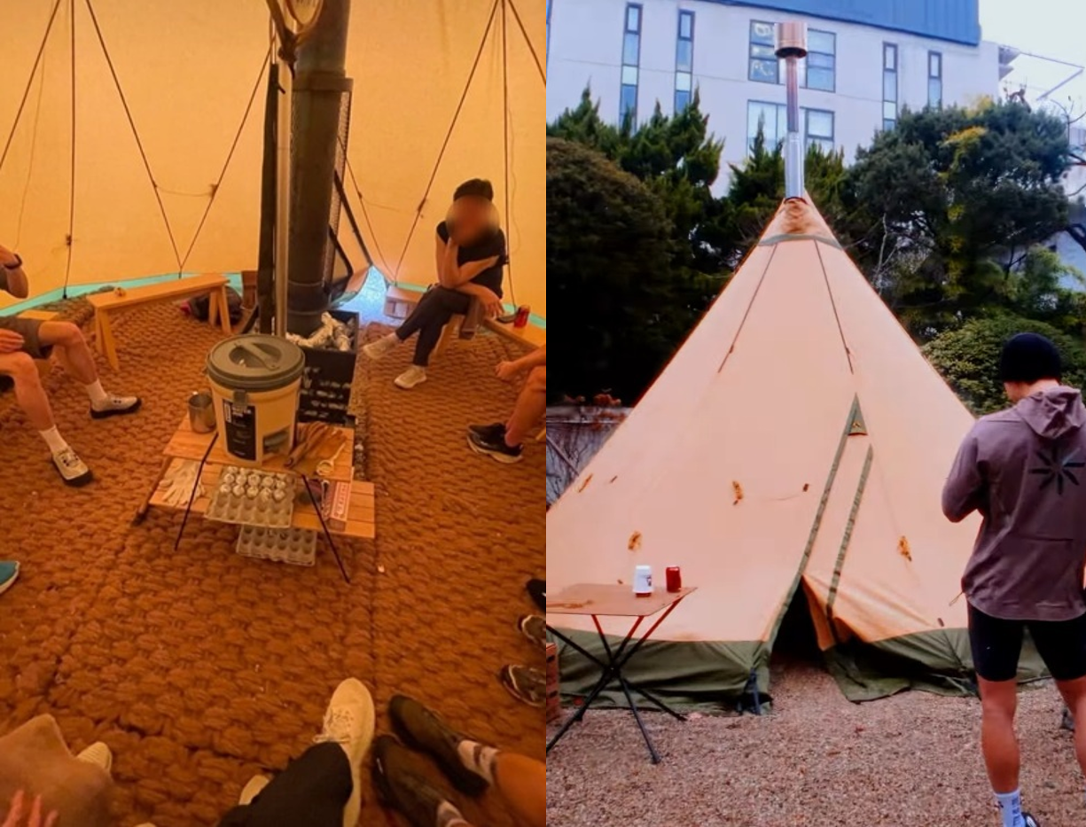 Sauna run participants enjoy a dry sauna inside a large teepee-style tent set up in the yard of Out Of All’s offline shop in Seoul's Mapo-gu. (Out Of All)