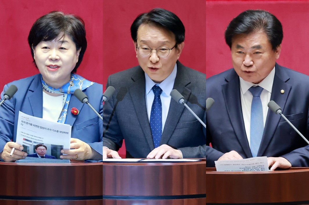 Democratic Party Reps. Seo Young-kyo (from left), Kwon Chil-seung and So Byung-hoon (Yonhap)