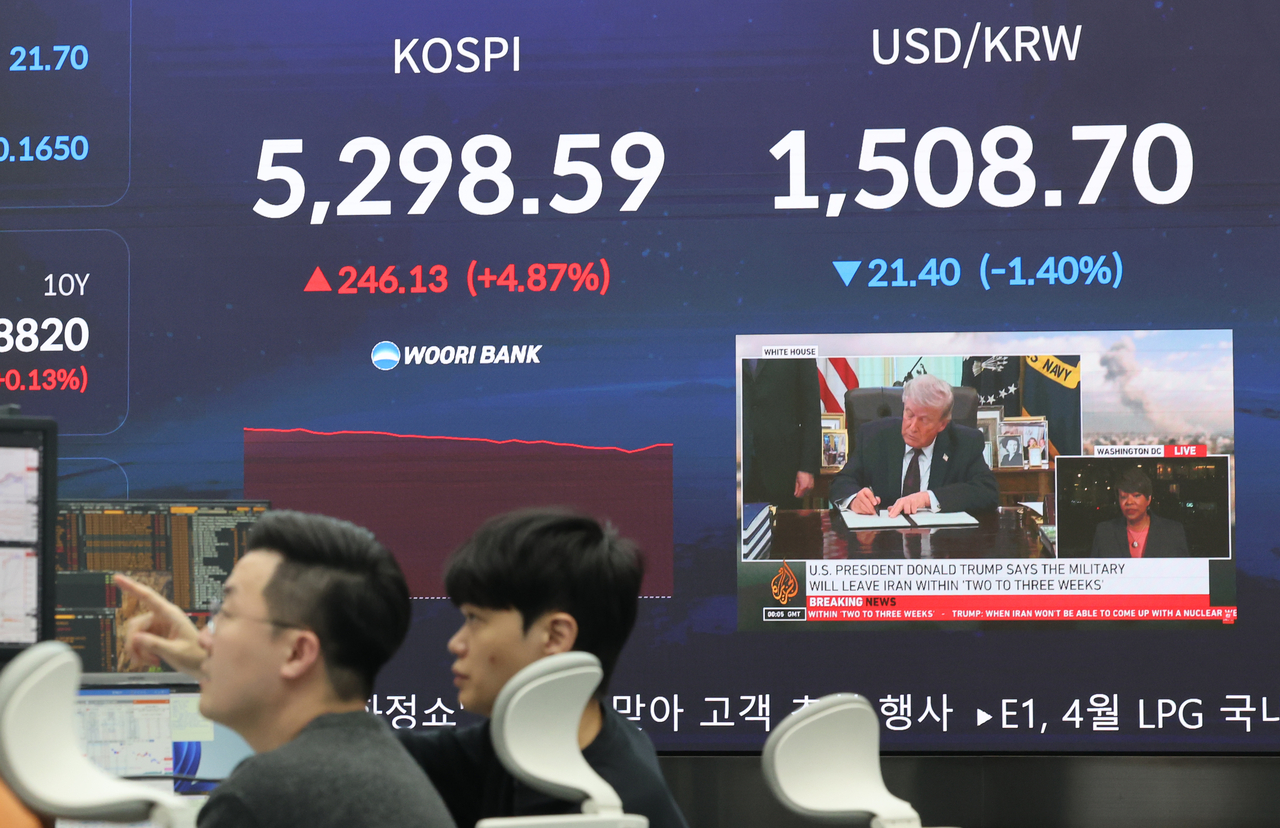 An electronic board at the dealing room of Woori Bank headquarters in Jung-gu, Seoul, shows the Kospi and the won-dollar exchange rate on Wednesday morning.  (Yonhap)