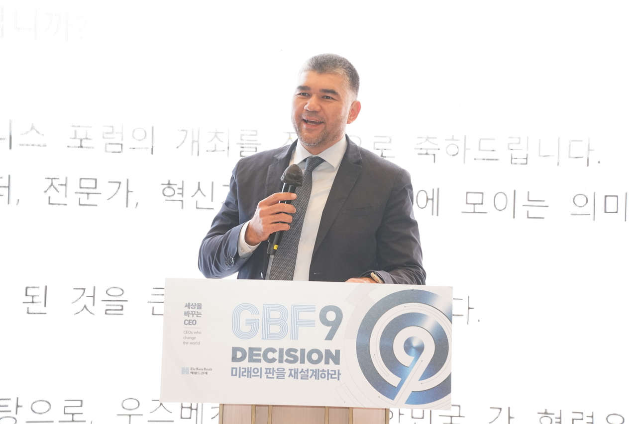 Jasurbek Choriev, Uzbekistan’s deputy minister of transport, speaks during the first session of the 2026 Global Biz Forum, hosted by The Korea Herald and Herald Business, in Seoul, Wednesday. (The Korea Herald)