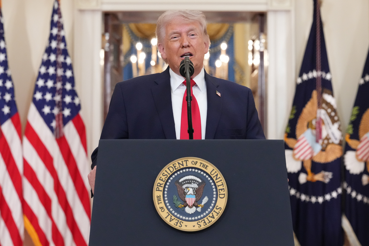 US President Donald Trump speaks about the Iran war from the Cross Hall of the White House on Thursday in Washington. (AP-Yonhap)