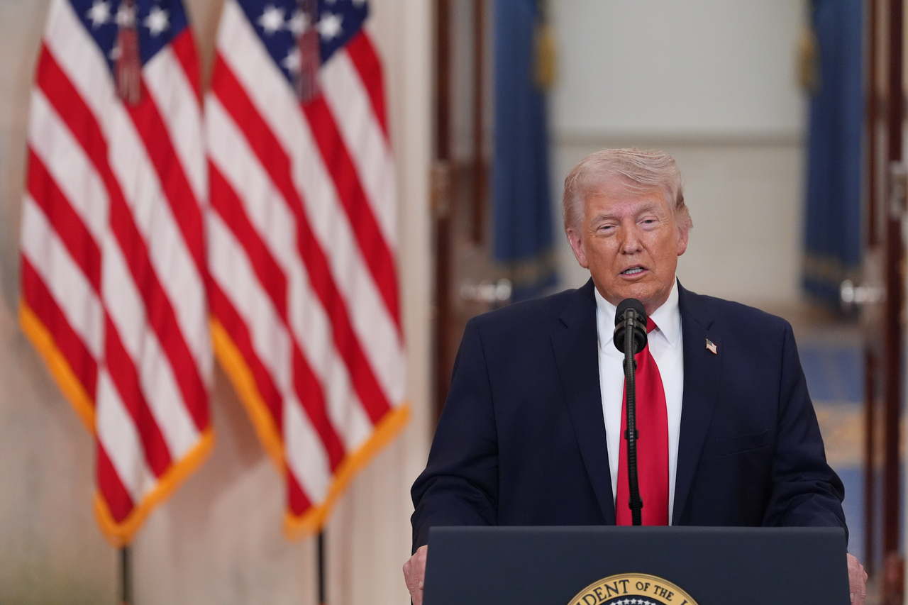 President Donald Trump speaks about the Iran war from the Cross Hall of the White House on Wednesday in Washington. (AP-Yonhap)