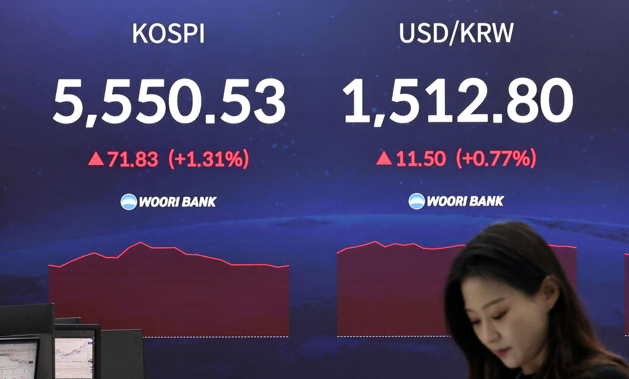 An electronic board showing the Korea Composite Stock Price Index at a dealing room of the Woori Bank headquarters in Seoul on Thursday. (Yonhap)