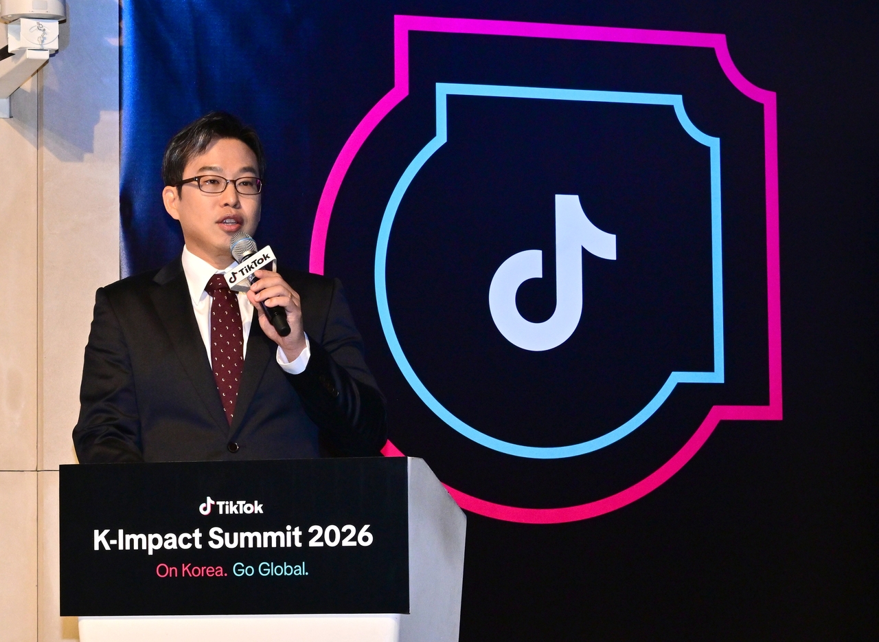 Yoon Chul, head of news and sports at TikTok Korea, presents TikTok's content partnership strategy during the “K-Impact Summit 2026” in Seoul, Thursday. (TikTok Korea)