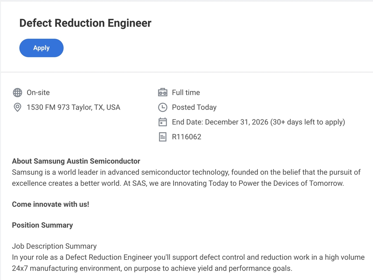 A defect reduction engineer posting for Samsung's Taylor fab, listed April 1, references yield monitoring across nodes from 45nm to 14nm, suggesting the site's scope may extend beyond its stated 2nm target. (Samsung Careers)