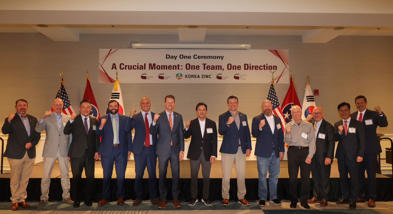 Officials from Korea Zinc, including Chair Choi Yun-beom (center), and the State of Tennessee pose for a photo during a ceremony to launch "Project Crucible" in Clarksville, Tennessee, on Wednesday. (Korea Zinc)
