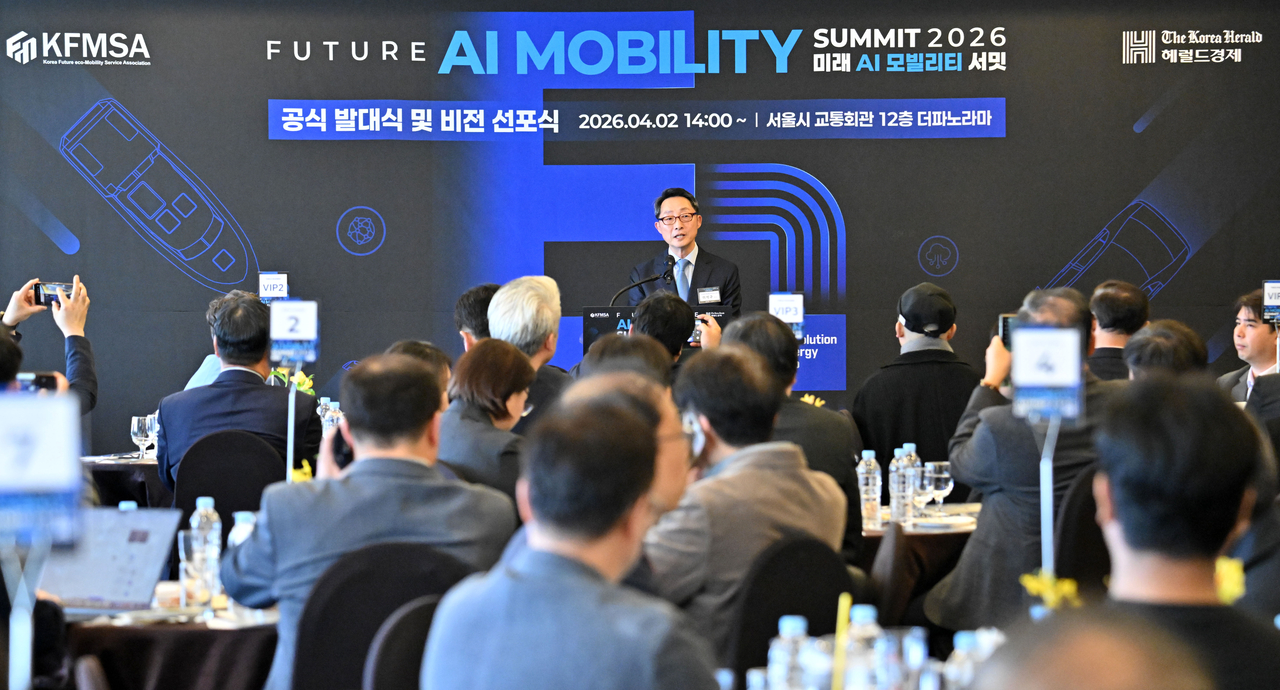 Lee Seok-gu, chairman of the Korea Future eco-Mobility Service Association, delivers a welcome address at the launch ceremony of the Future AI Mobility Summit 2026 at the Seoul Transportation Center on Thursday. (Im Se-jun/The Korea Herald)