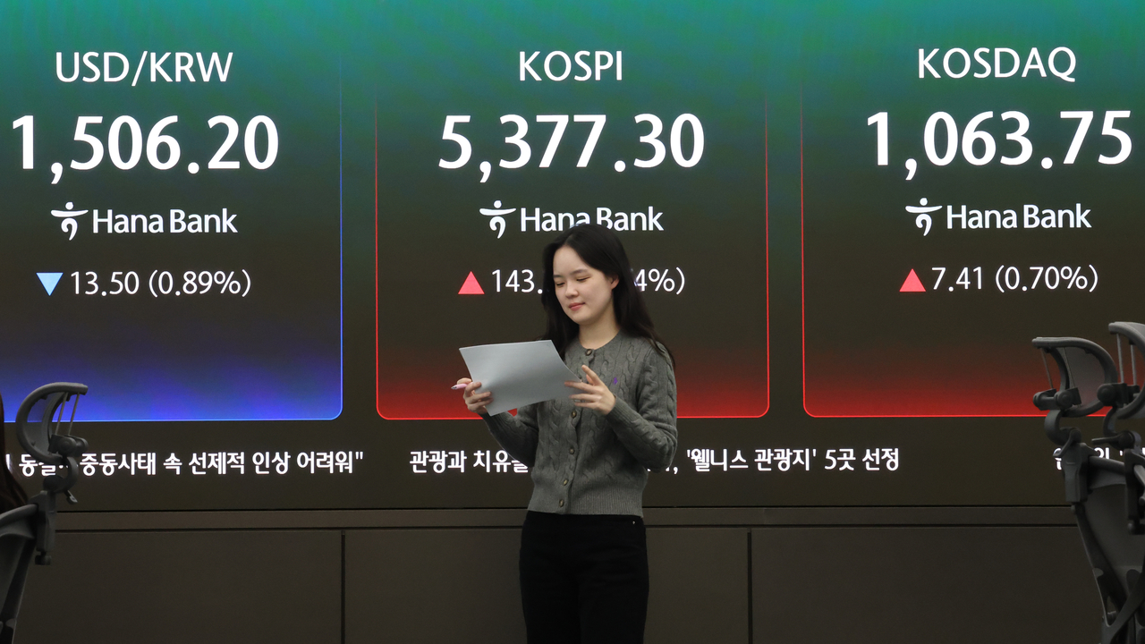 An electronic board showing the Korea Composite Stock Price Index at a dealing room of the Hana Bank headquarters in Seoul on Friday. (Yonhap)