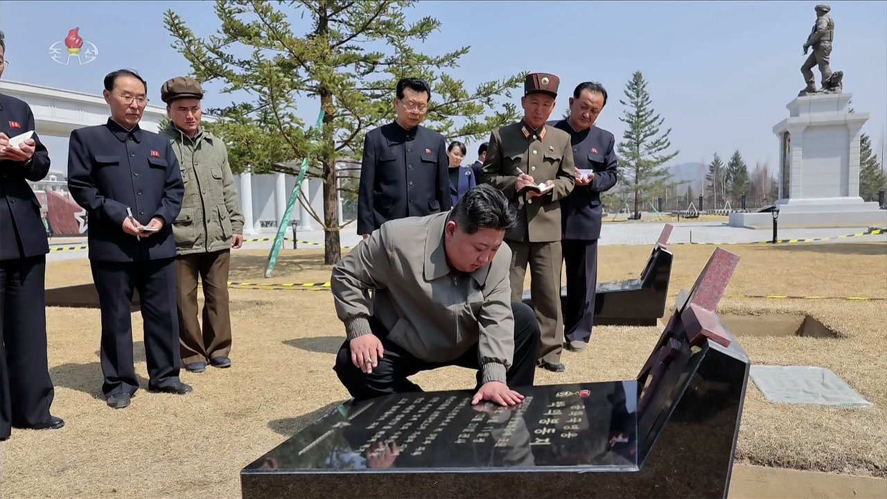 North Korean leader Kim Jong-un (center) inspects the construction site of the Memorial Museum of Combat Feats at Overseas Military Operations and says its inauguration will be held to mark the first anniversary of the “liberation of Kursk,” according to Korean Central Television on Friday. (KCTV/Yonhap)