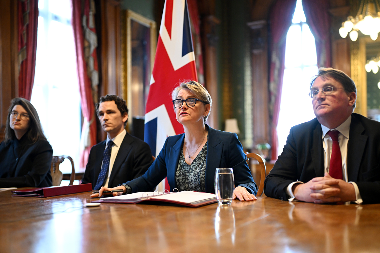 Britain's Foreign Secretary Yvette Cooper, second right, attends a virtual summit at the Foreign & Commonwealth Office in London on Thursday, with around 35 countries to discuss ways of reopening the Strait of Hormuz. (AP)