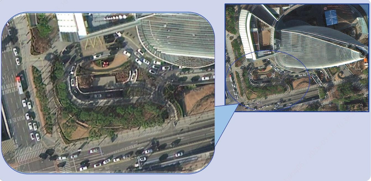 This photo, revealed on March 17, shows footage by South Korea's Arirang satellite, with views of the Lotte World complex in Jamsil, Seoul. (Korea Aerospace Research Institute via Yonhap)