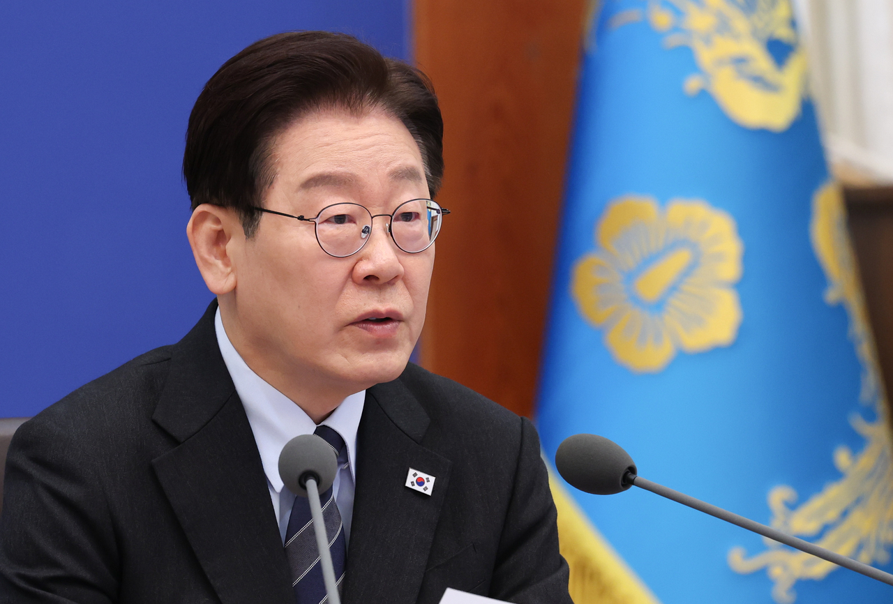 President Lee Jae Myung speaks during a Cabinet meeting at the presidential office Cheong Wa Dae in Seoul on Monday. (Pool photo via Yonhap)