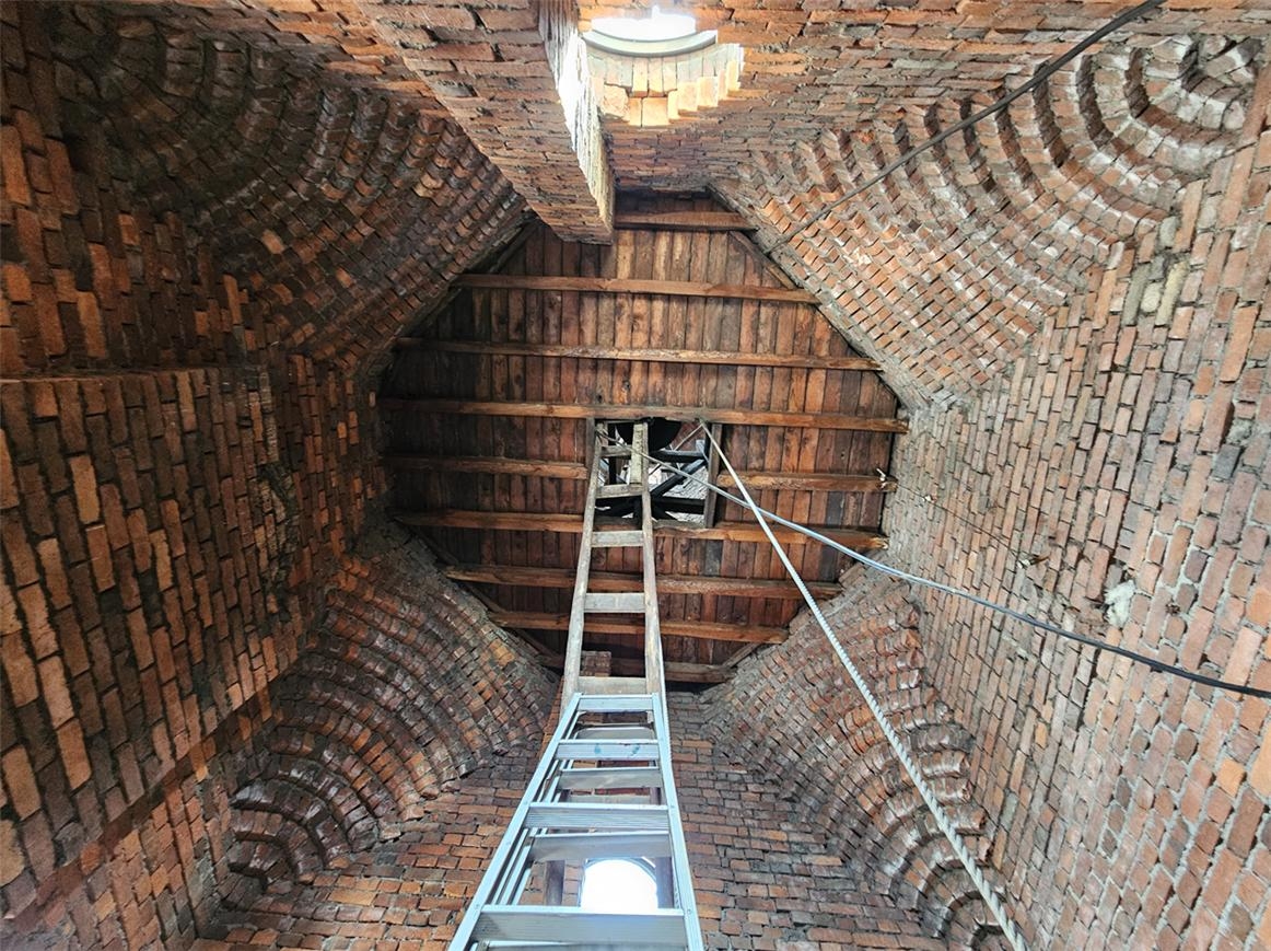 View of the rare brick-laying technique used to construct Jeonju Central Cathedral's upper bell tower (Korea Heritage Service)