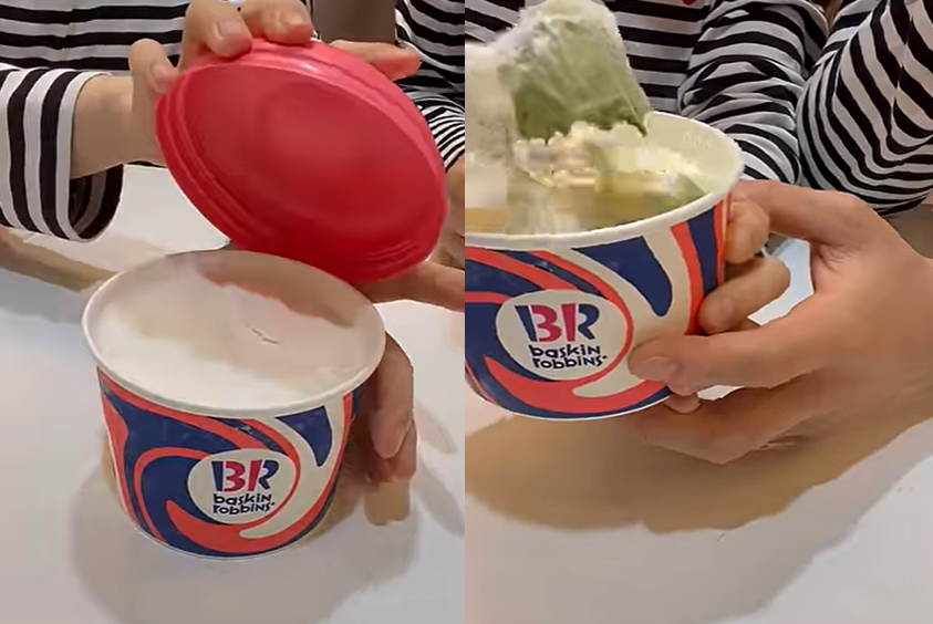 An expectant mother scoops into a Baskin-Robbins pint covered with white ice cream, revealing green tea ice cream underneath to signify she is expecting a boy. (YouTube @nemosemofamily)