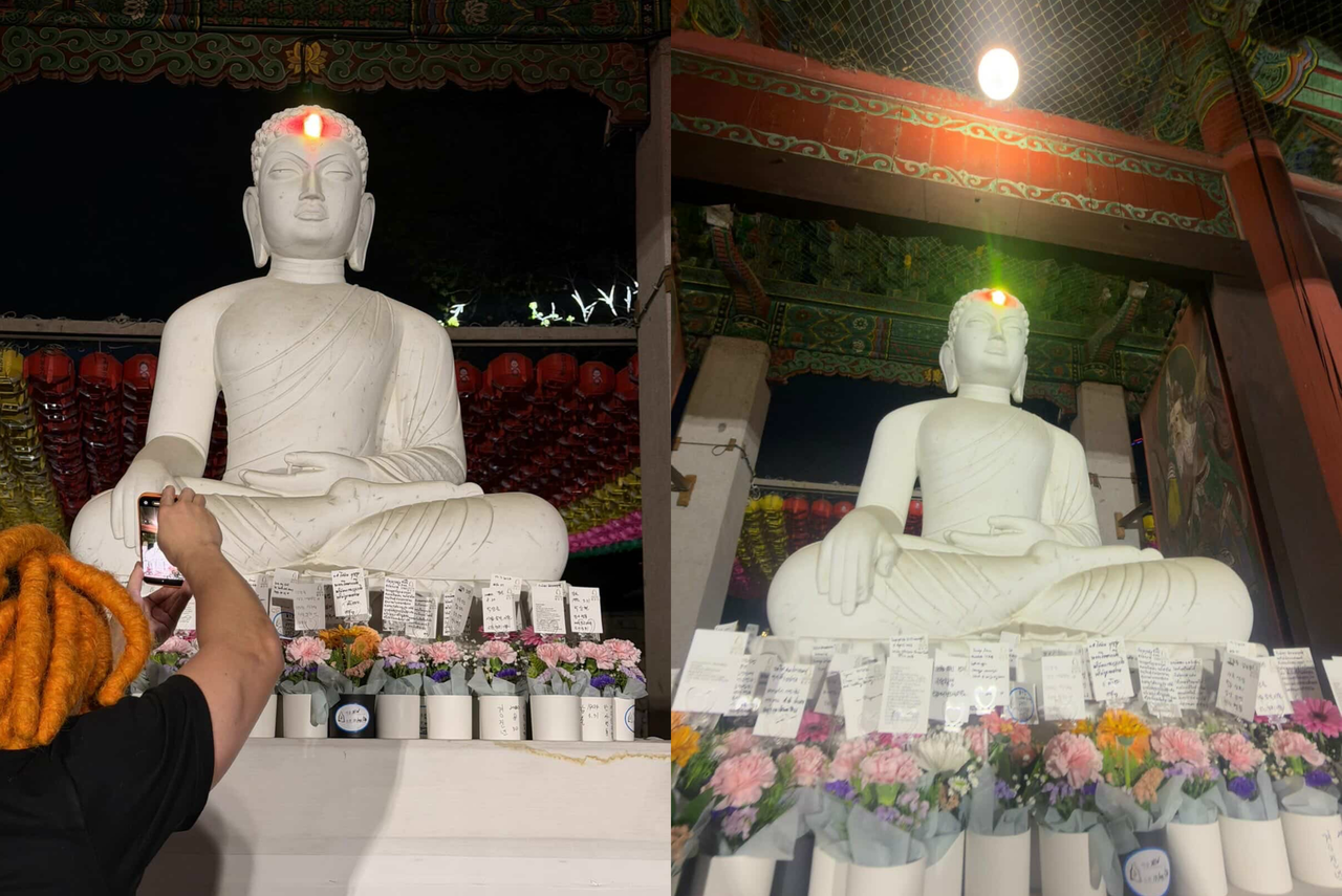 Rhythm, Faith, and Technology: 250,000 Attend Buddhism Expo, Driven by Gen Z Enthusiasm 15 A strobe light from the stage shines directly at the center of a Buddha statue’s forehead, prompting visitors to pause and take photos as they exit the temple after the party. (Courtesy of @dreadyamada)