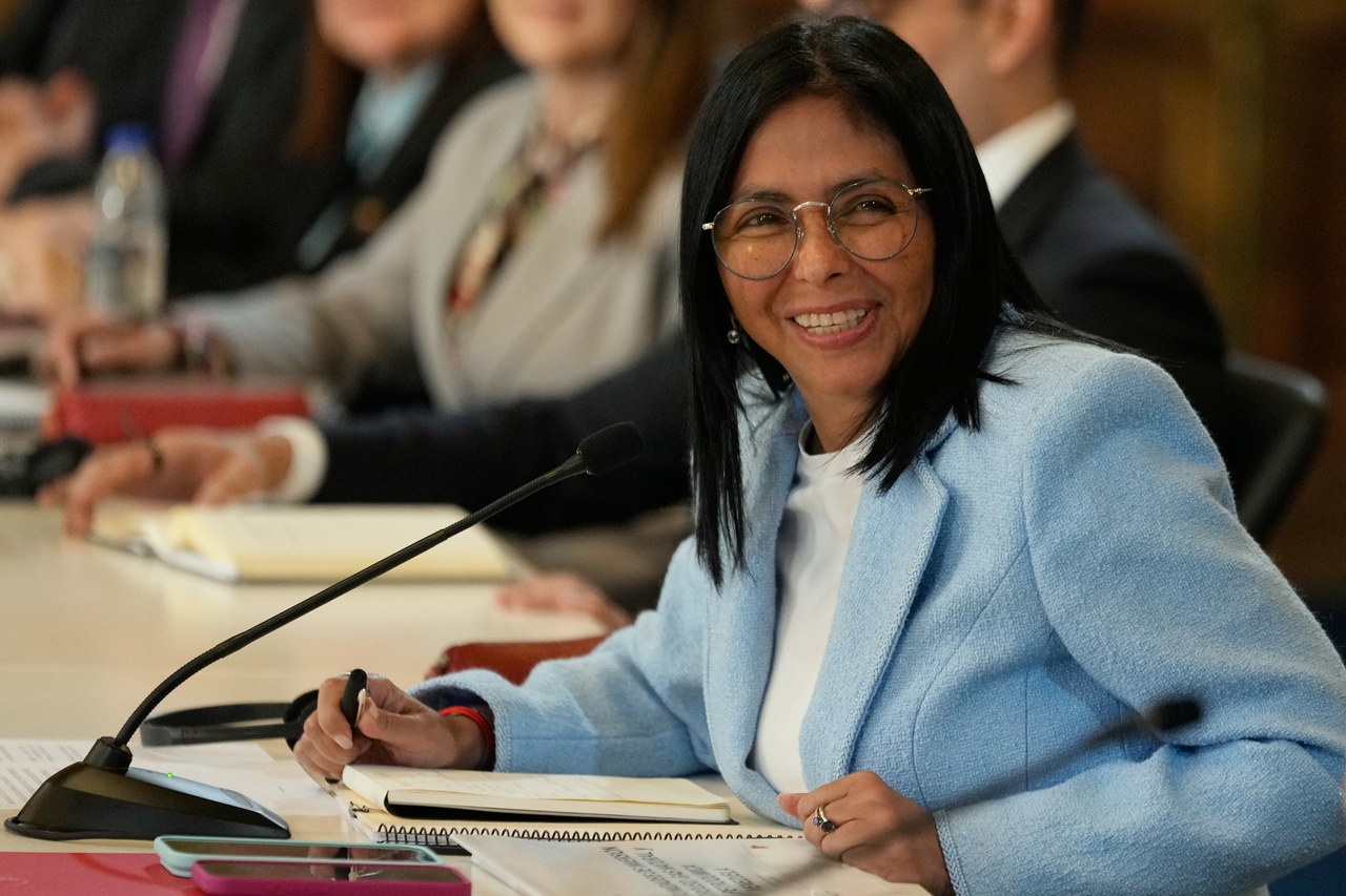 Venezuela's acting President Delcy Rodriguez smiles during a meeting in Caracas, Venezuela, in February. (AP-Yonhap)