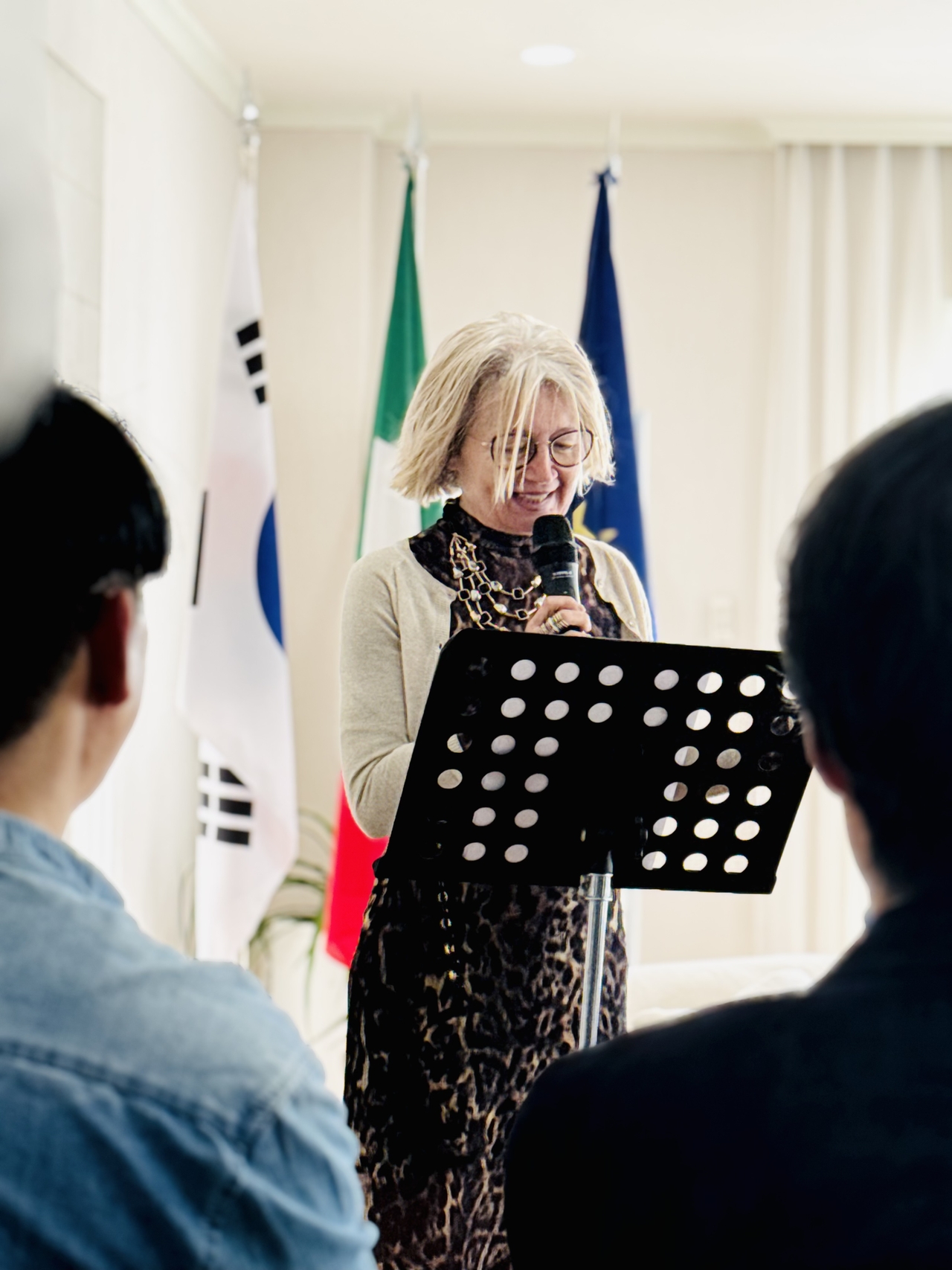 Italian Ambassador to South Korea Emilia Gatto speaks at an event at her residence in Hannam-dong, Seoul on Tuesday. (Sanjay Kumar/The Korea Herald)