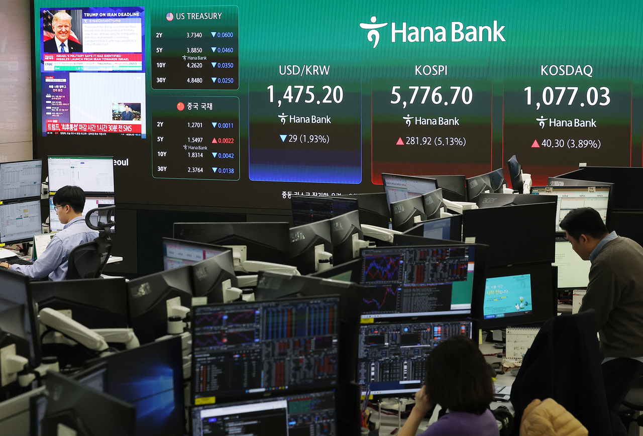 An electronic board showing the Korea Composite Stock Price Index at a dealing room of the Hana Bank headquarters in Seoul on Wednesday. (Yonhap)