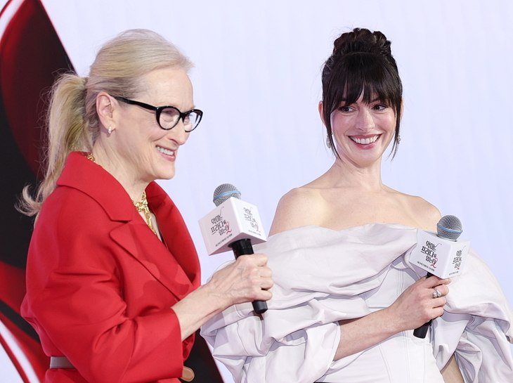 Actors Meryl Streep (left) and Anne Hathaway speak at a press conference for "The Devil Wears Prada 2" in Seoul, Wednesday. (Yonhap)