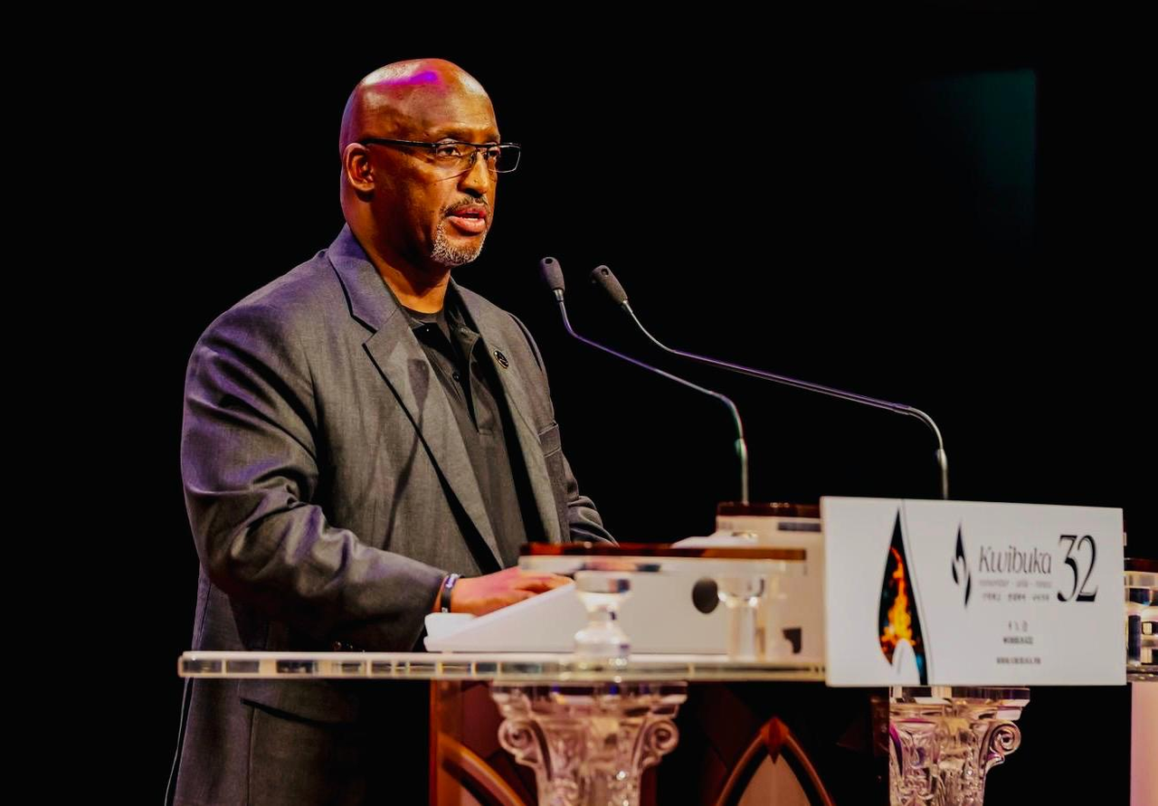 Rwandan Ambassador Bakuramutsa Nkubito delivers remarks at the 32nd anniversary of the Rwandan genocide at the FEBC Art Hall in Mapo-gu, Seoul, Monday. (Embassy of Rwanda in Seoul)