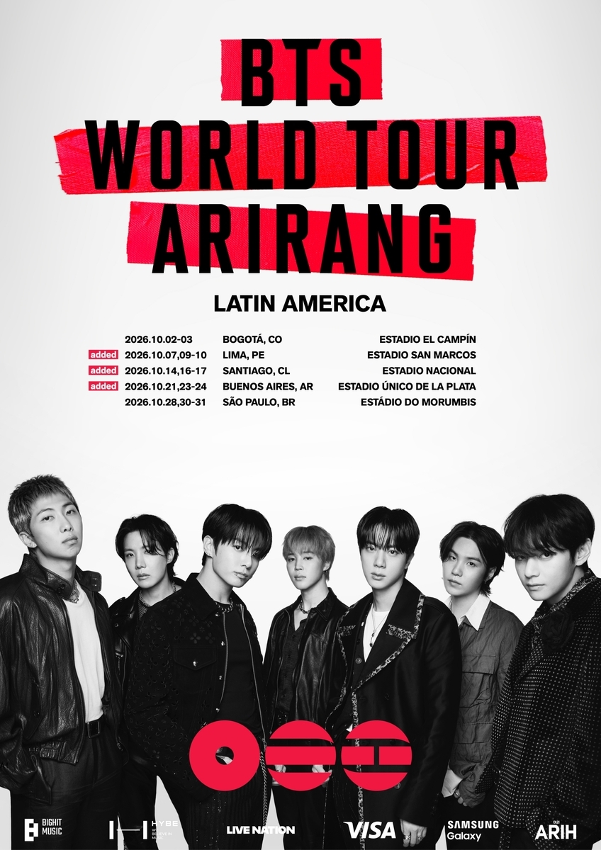 This image shows the dates and venues for the Latin America leg of K-pop boy group BTS' upcoming "Arirang" world tour. (Yonhap)
