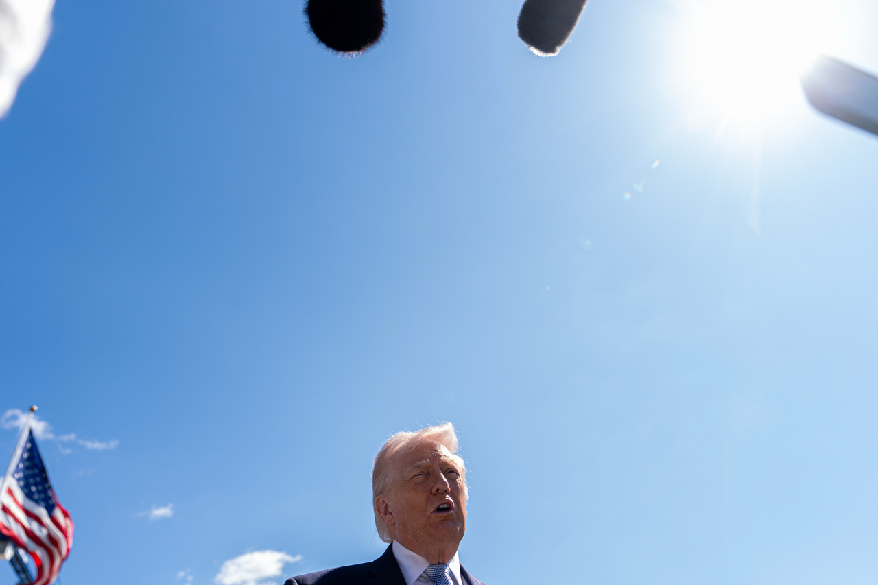 President Donald Trump speaks with reporters during the White House Easter Egg Roll on the South Lawn of the White House on Monday in Washington. (AP)