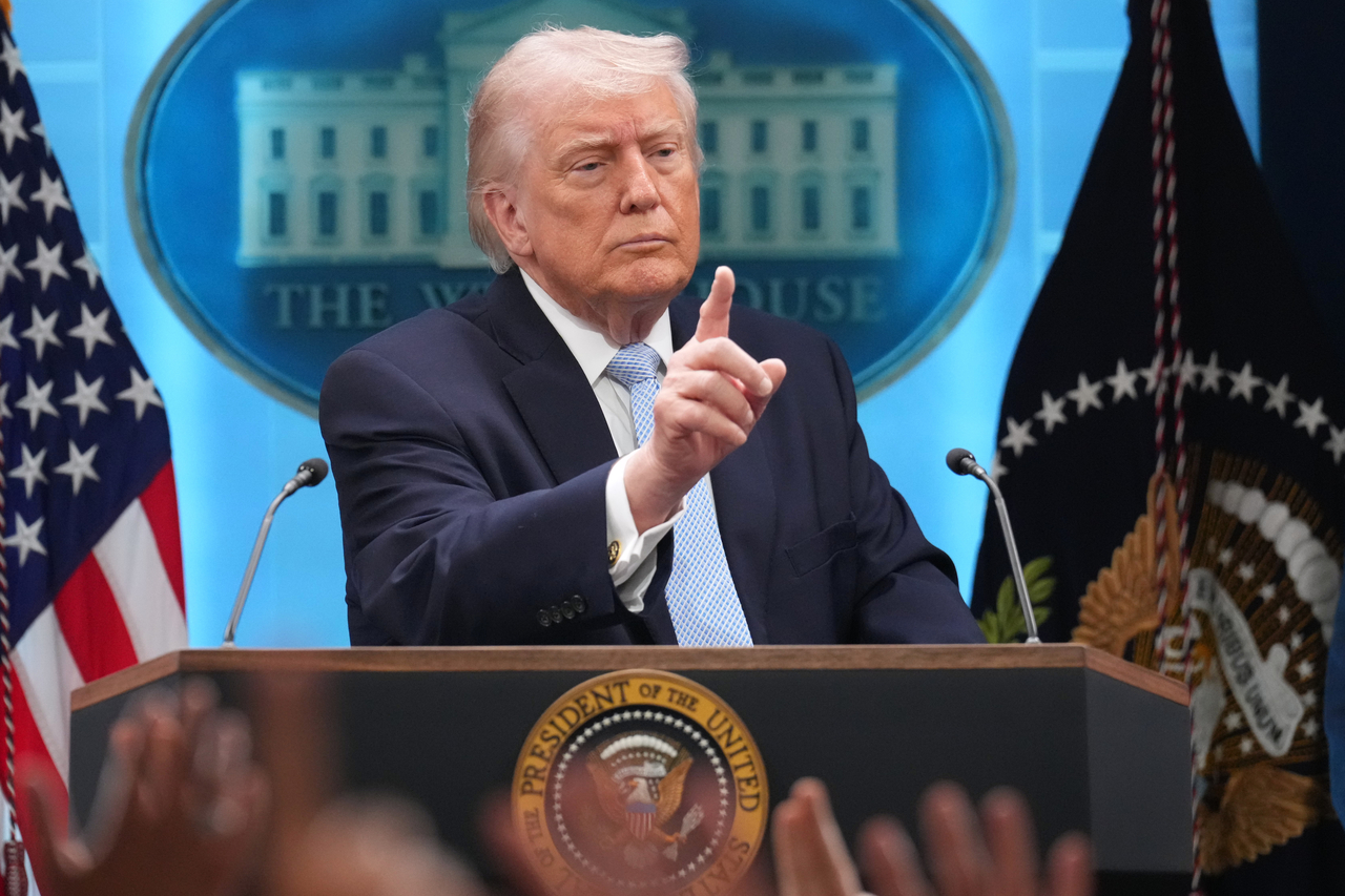 US President Donald Trump speaks with reporters during a news conference in the James Brady Press Briefing Room at the White House on Monday in Washington. (AP-Yonhap)