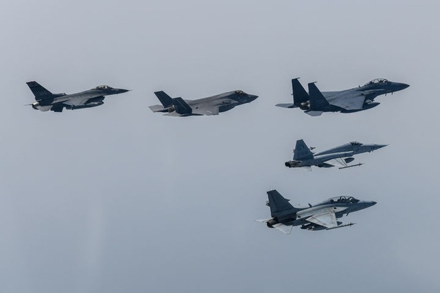 This April 18, 2025, file photo, shows South Korean and US fighter jets flying in formation over an air base in the southwestern city of Gwangju during a media event for the semiannual Freedom Flag exercise. (Air Force)