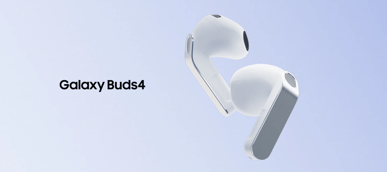 Samsung's Galaxy Buds 4 features flat metal stems with a brushed finish and a bent blade section designed to double as a grip point for pushing the earbuds into position. (Samsung Electronics)