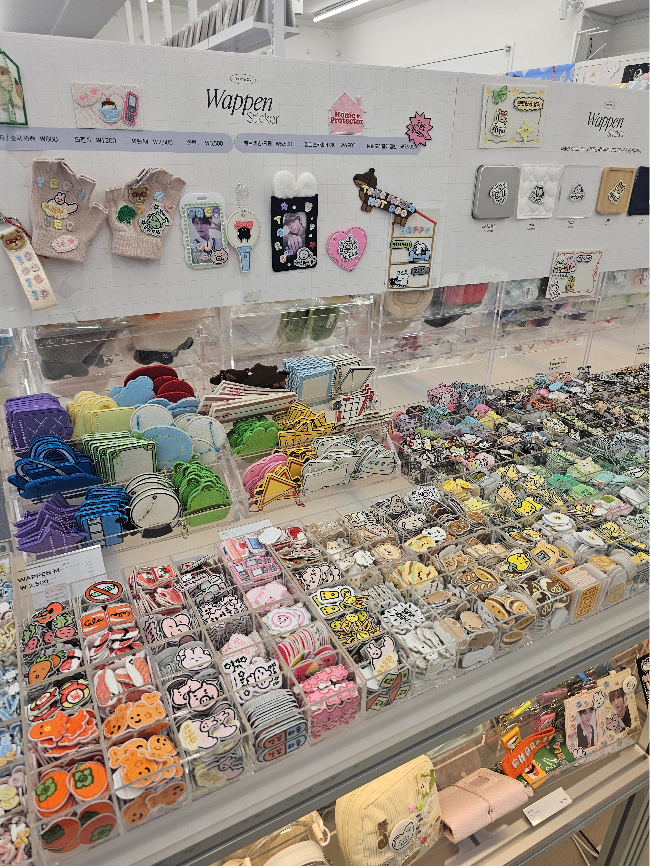Colorful Wappen embroidered stickers and cute Korean stationery on display at a design-focused munguryu shop in Yeonnam-dong, Seoul