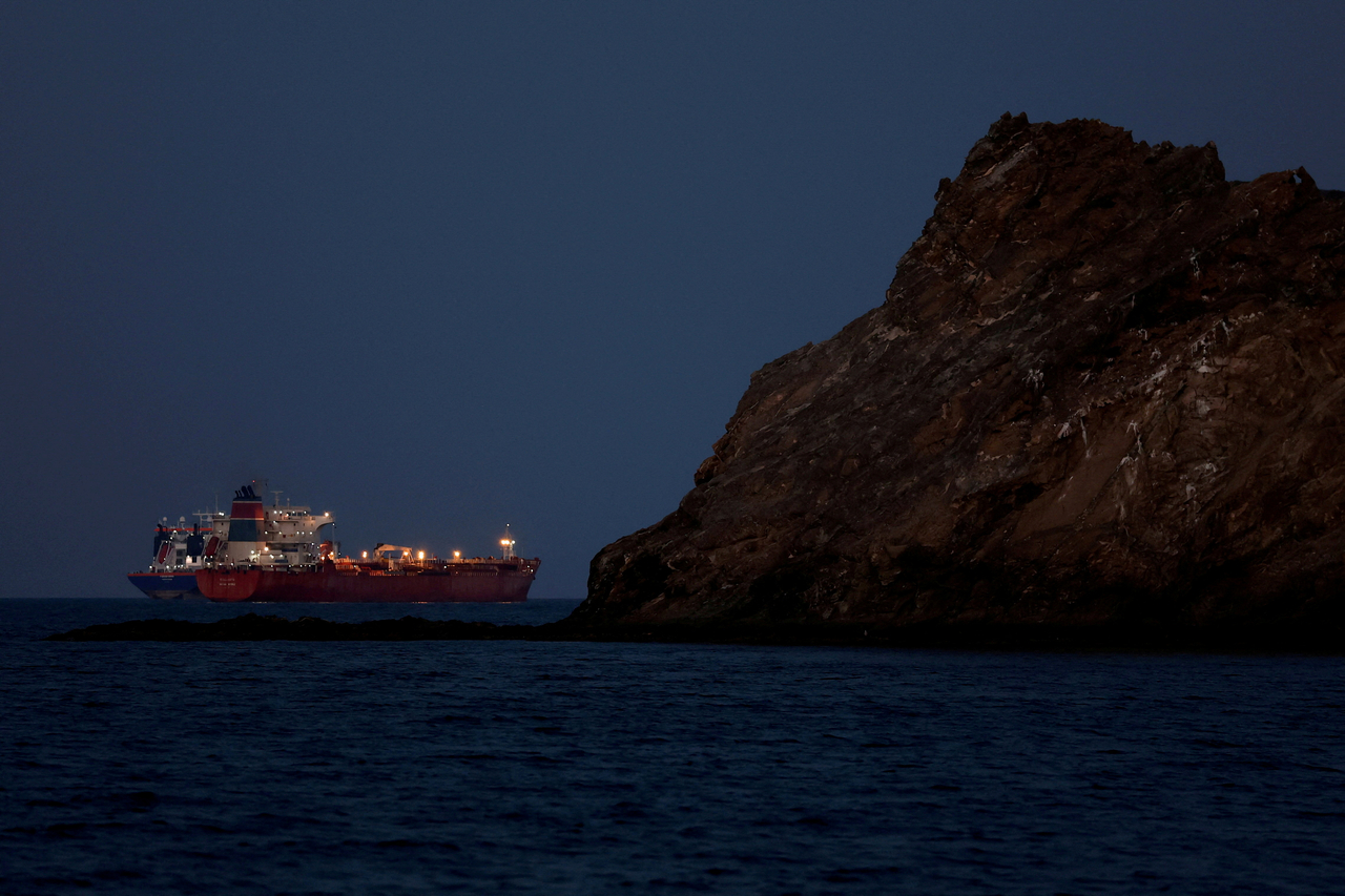 The Callisto tanker sits anchored as the traffic is down in the Strait of Hormuz, amid the U.S.-Israeli conflict with Iran, in Muscat, Oman, in this file photo dated March 10, 2026. (Reuters-Yonhap)
