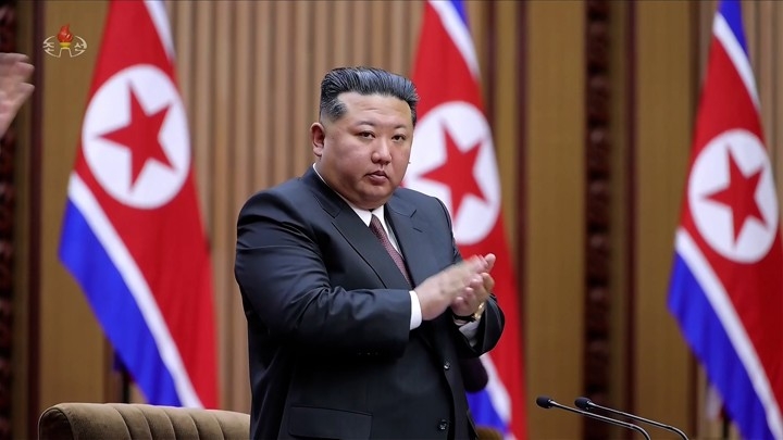 This file image from footage aired on March 23, 2026, by North Korea's Korean Central TV shows leader Kim Jong-un attending a session of its rubber-stamp parliament in Pyongyang. (Yonhap)