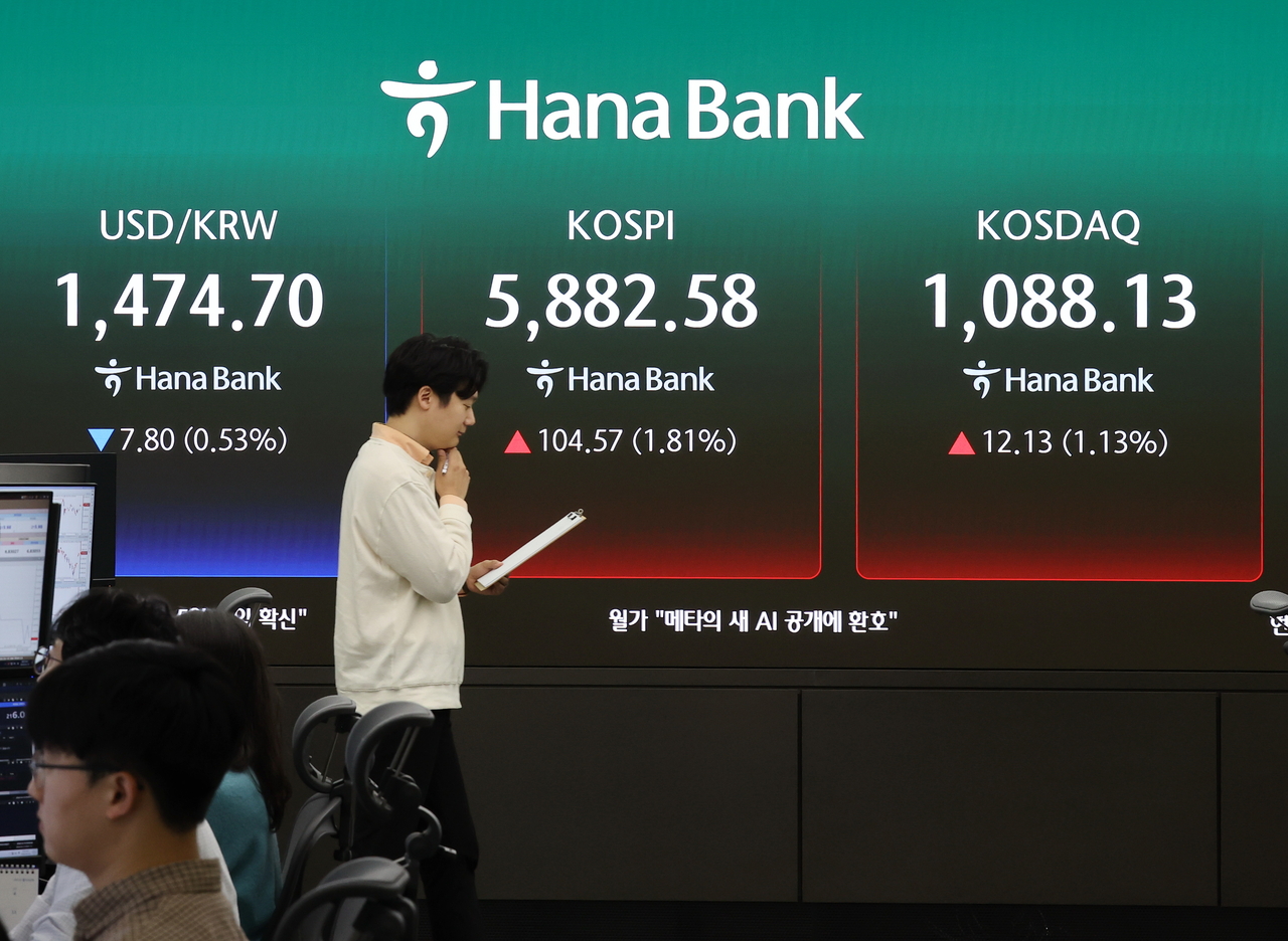 An electronic board showing the Korea Composite Stock Price Index at a dealing room of the Hana Bank headquarters in Seoul on Friday. (Yonhap)