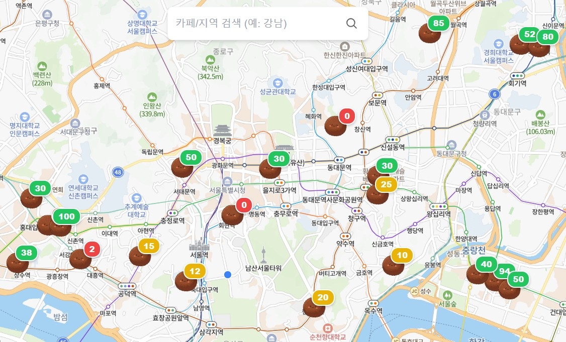 두쫀쿠 잔여수량을 표시한 두쫀쿠맵 화면. [두쫀쿠맵 캡쳐]