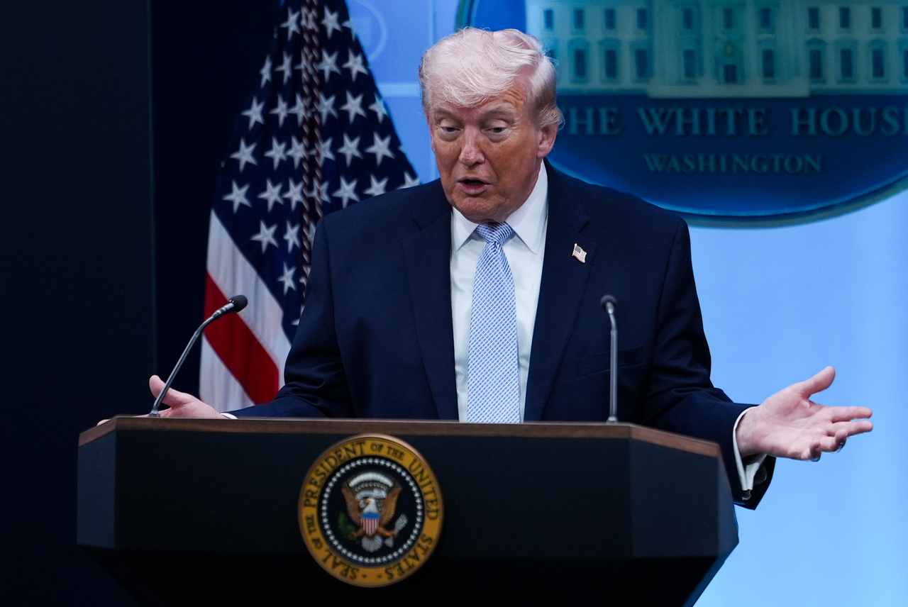 President Donald Trump speaks with reporters in the James Brady Press Briefing Room at the White House, Monday, in Washington. (AP-Yonhap)