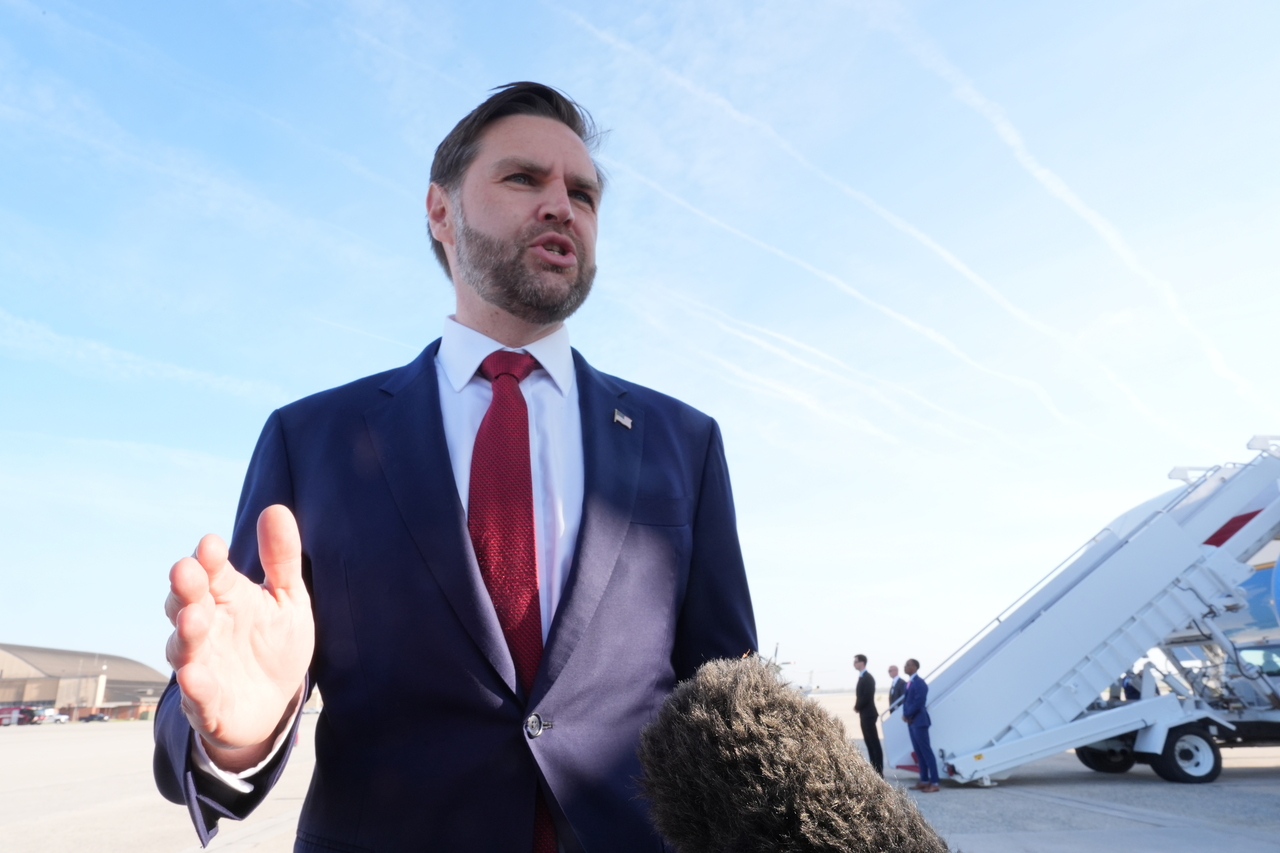 US Vice President JD Vance speaks to the press before boarding a plane at Joint Base Andrews, Maryland, Friday. (AP-Yonhap)