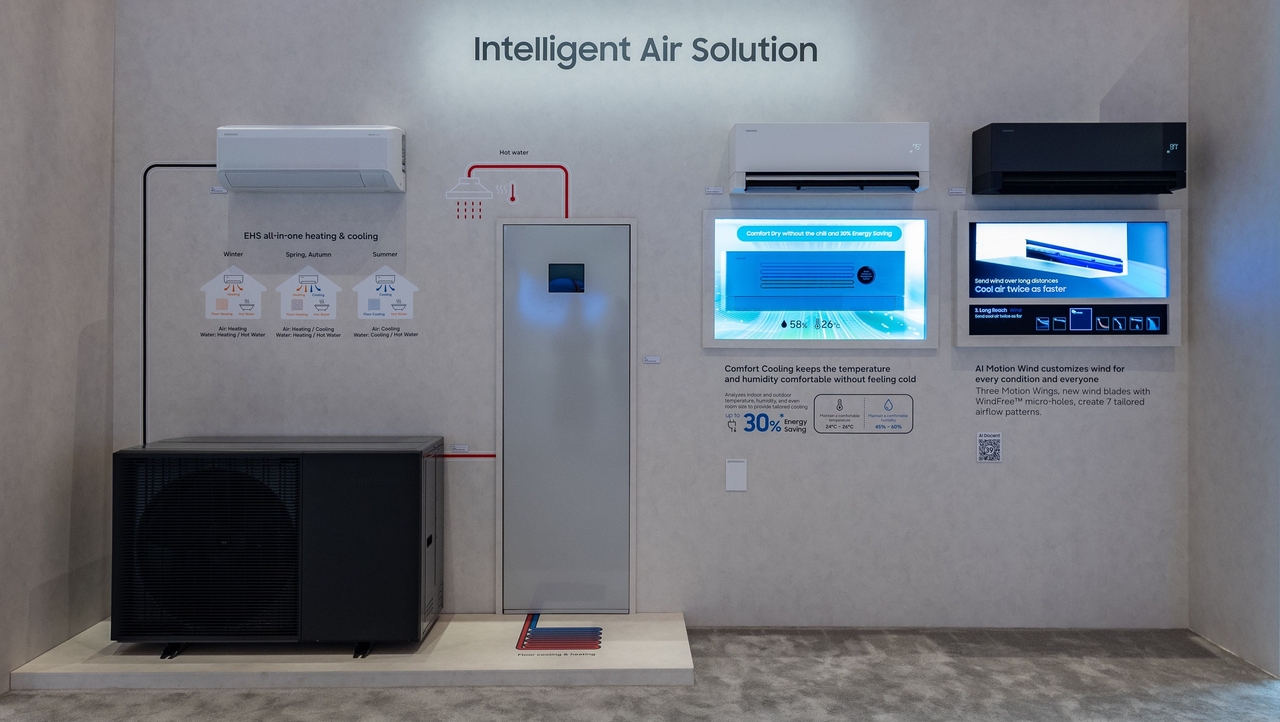 Samsung Electronics' EHS All-in-One heat pump system, which provides heating, cooling, floor heating and hot water from a single outdoor unit, on display at CES 2026. (Samsung Electronics)