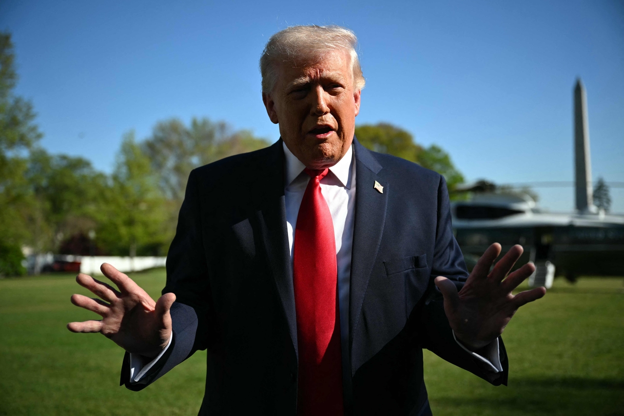 US President Donald Trump speaks to the press at the White House in Washington on April 11, 2026. (AFP-Yonhap)