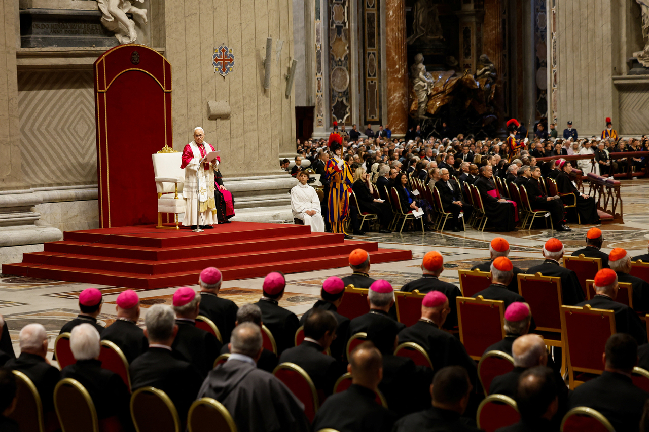 Pope Leo XIV presides over a vigil in St. Peter's Basilica, at the Vatican, Saturday.   (Reuters-Yonhap)