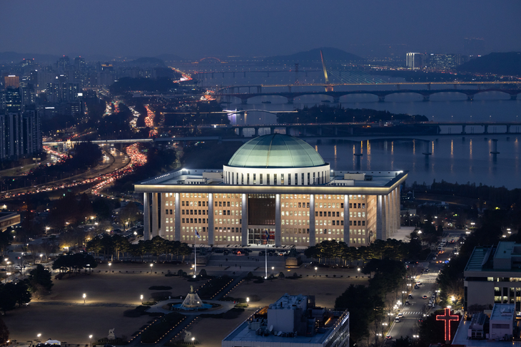 The National Assembly building at dusk in Seoul, South Korea, on Dec. 10, 2024. (GettyImages)