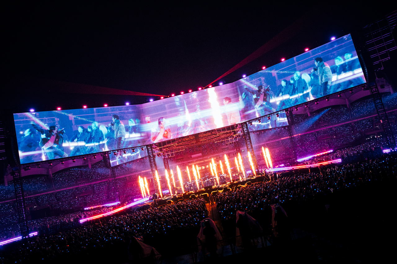 BTS’ “Arirang” world tour show at Goyang Stadium in Goyang, Gyeonggi Province, is broadcast on large screens, Saturday. (Big Hit Music)