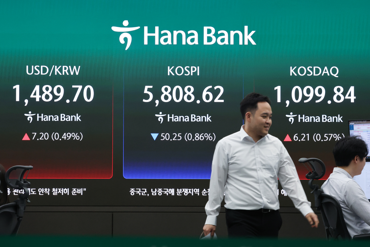An electronic board showing the Korea Composite Stock Price Index at a dealing room of the Hana Bank headquarters in Seoul on Monday. (Yonhap)