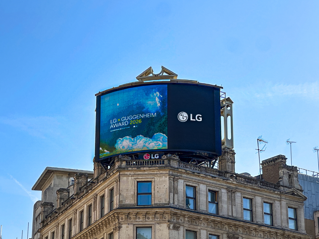 A celebratory video for Trevor Paglen, winner of the LG Guggenheim Award, is displayed on a screen at Piccadilly Circus in London, Monday. (LG Corp.)