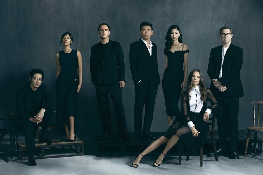 From left: Zo In-sung, Taylor Russell, Michael Fassbender, Hwang Jung-min, Jung Ho-yeon, Alicia Vikander and Cameron Britton star in Na Hong-jin's "Hope." (PlusM Entertainment)